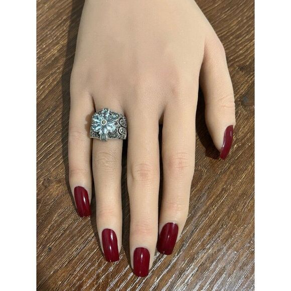 Silver 925 Blue Topaz/Marcasite Flower Ring - Picture 7 of 8